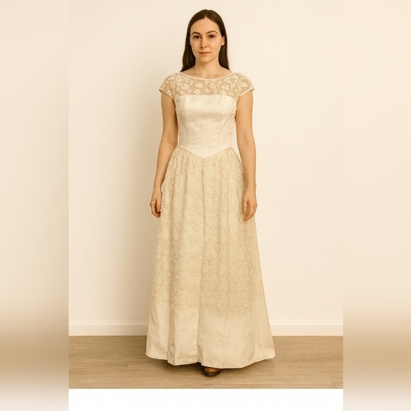 Elegant Lace Gown in Cream 6 - Picture 1 of 8